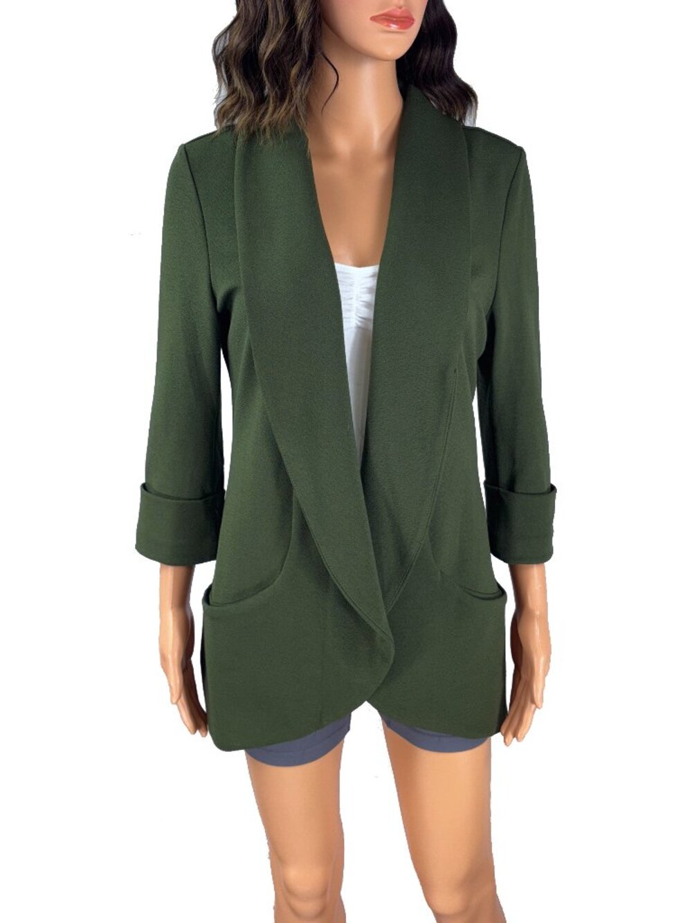 French Mauve Olive Green Open Front Blazer M 3/4 Sleeve Rolled Cuff Pockets Long